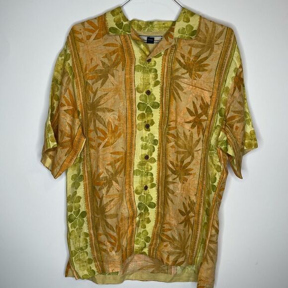 Tommy Bahama Gold-Green-Yellow Tropical Graphic SS 100% Linen Soft Shirt Medium - Picture 5 of 6
